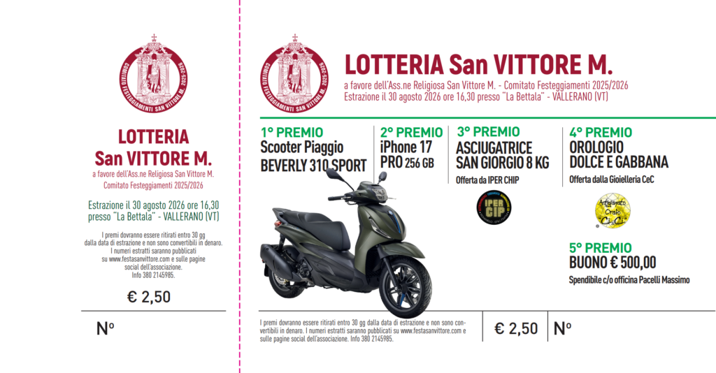 l'immagine contiene il biglietto della lotteria di agosto 2026 festa san vittore M. vallerano
