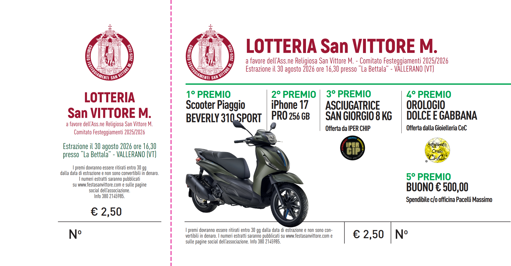 l'immagine contiene il biglietto della lotteria di agosto 2026 festa san vittore M. vallerano