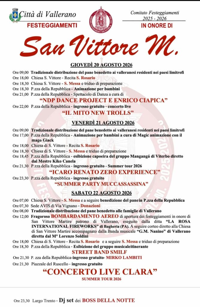 Programma Festa di San Vittore Vallerano 2026 - prima parte