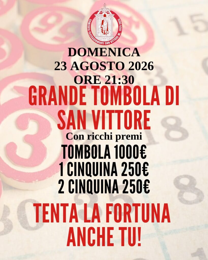 l'immagine contine la locandina per la grande tombola di vallerano con tre ricchi premi tombola 